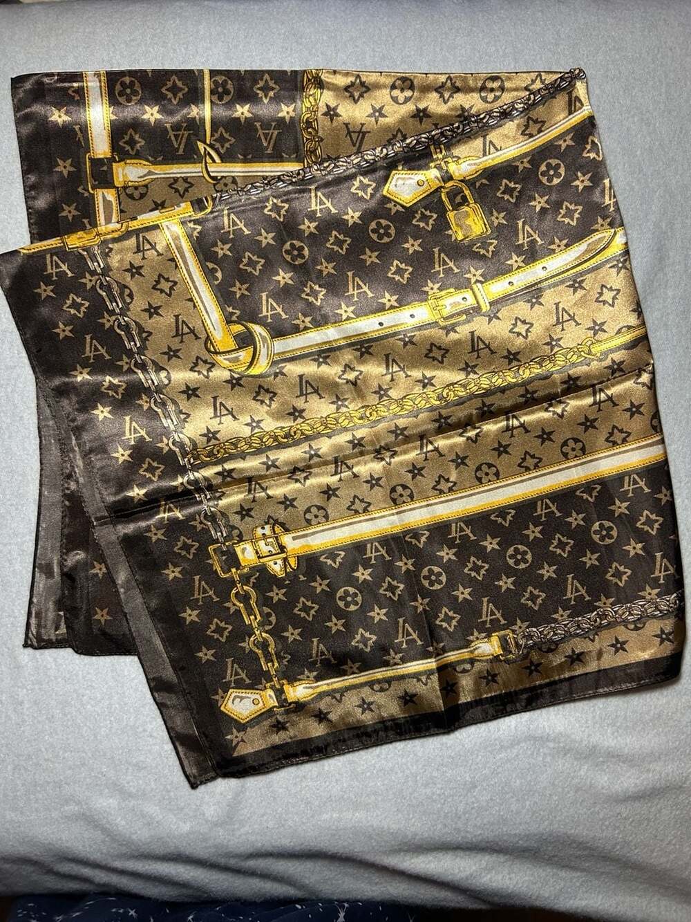 Black and Gold Monogram Scarf with Chains Print